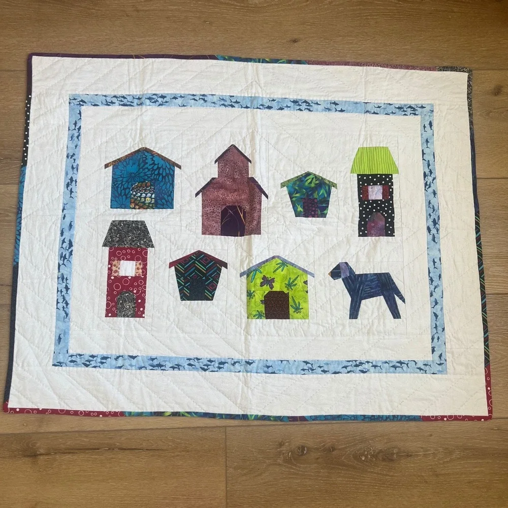 Handmade Quilted Wall Hanging Small Blanket Colorful Houses Dog Shark Border